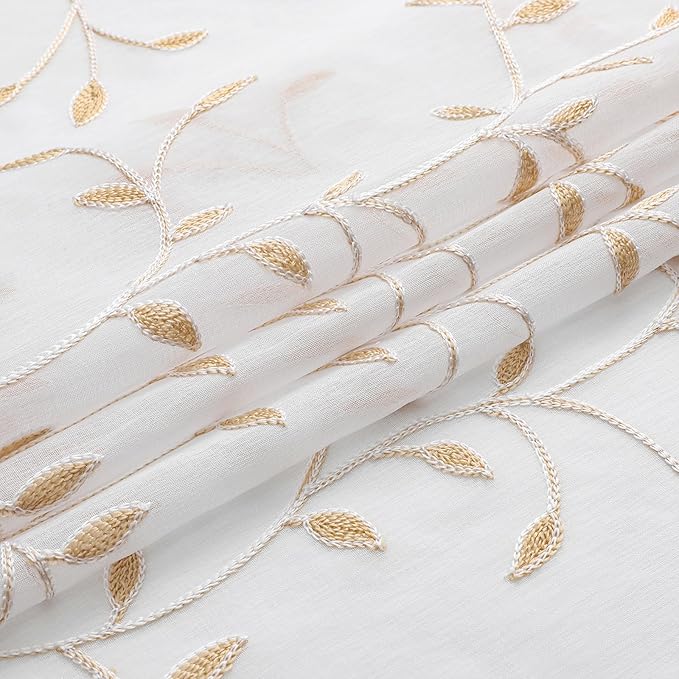 VISIONTEX White Sheer Voile Curtains, Decorative Orange Leaves Embroidery Faux Linen Rod Pocket Window Drapes for Home Kitchen, Living Room and Bedroom 54 x 95 Inch, Set of 2 Curtain Panels