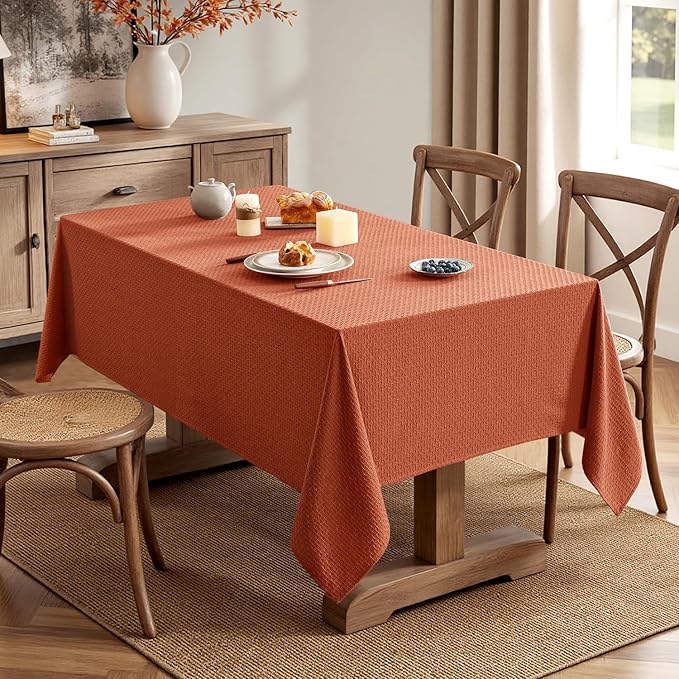 MIULEE Fall Tablecloth Burnt Orange Linen Cottton Table Cloth Rectangle Waterproof Spillproof Cross-Star Textured Decorative Farmhouse Style for Dining Party Weddings 52x70 Inch