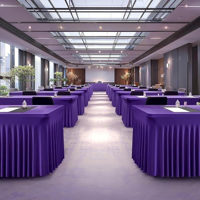 6 Pack Dark Purple Spandex Table Clothes for 8 Foot Rectangle Tables, 8FT Wrinkle Free Fitted Tablecloths Ruffles Design Table Cover for Party, Banquet, Wedding and Events
