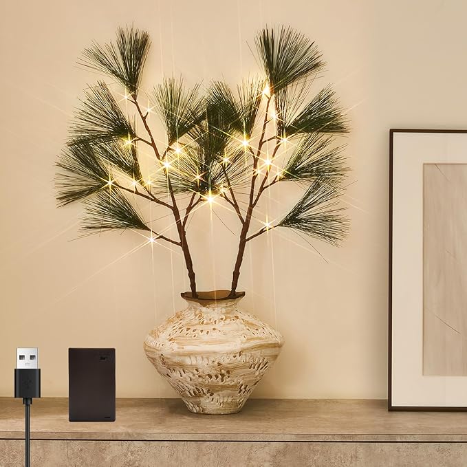 Fudios Lighted Pine Branches with Timer 32IN Battery Operated or USB Plug in, Lit Willow Branches with Lights for Christmas Fireplace Mantle Decor