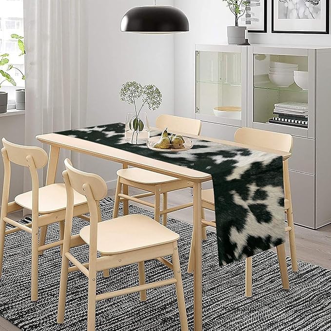 Cow Skin Print Table Runner, Rustic Country Farm Fur Skin Cowhide Pattern Western Style Black White Print Table Runner for Home Kitchen Dinning, 13x70 Inch