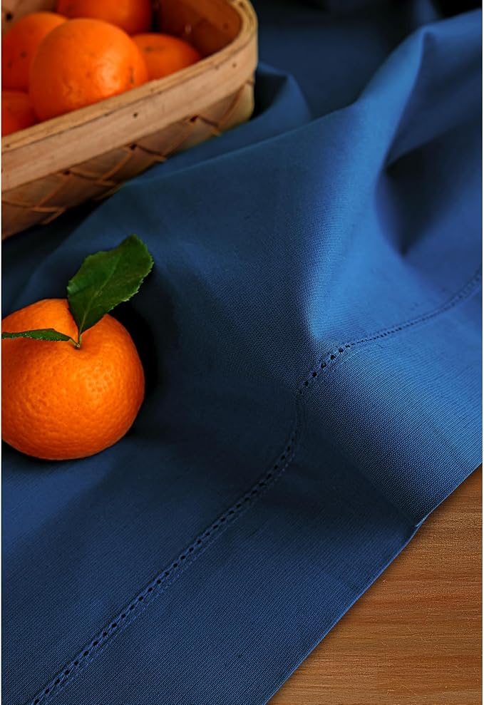Solino Home Cotton Linen Lapis Blue Table Runner 72 Inches Long - Hemstitch Table Runner 14 x 72 Inch for Dresser, Dining, Fall, Autumn, Halloween