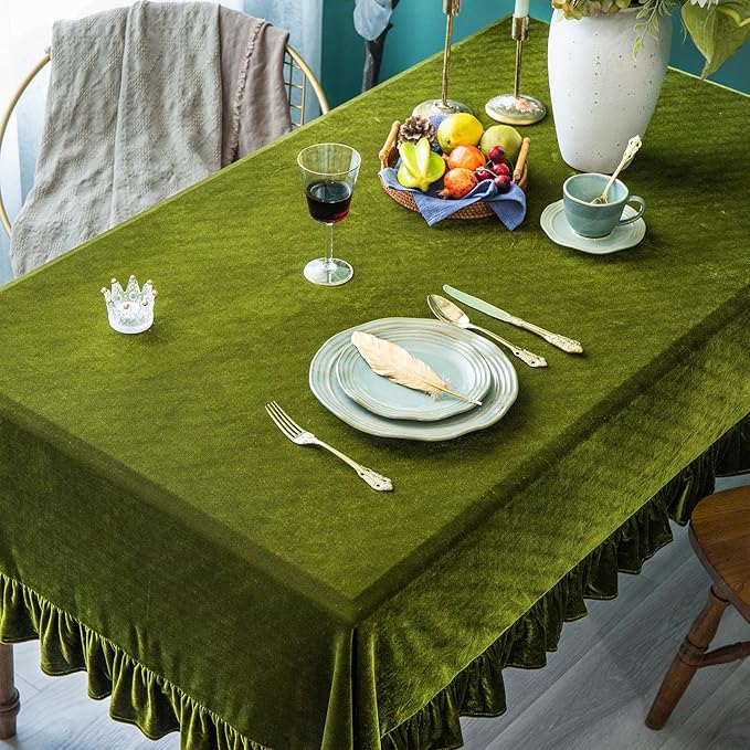 Velvet Tablecloth Luxurious Solid Rectangle Table Cloth,Oblong Retro Farmhouse Ruffle Tablecloths Washable Table Cover for Party Olive Green,52x70 Inches