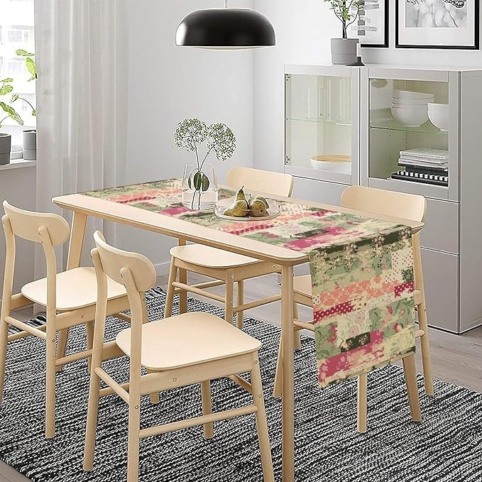 Patchwork Flower Table Runner,Abstract Colorful Floral Retro Style Hand Drawn Tablecloth Burlap for Hotel Indoors Outdoor Dining Room Kitchen Home Decor,W13X L80 in
