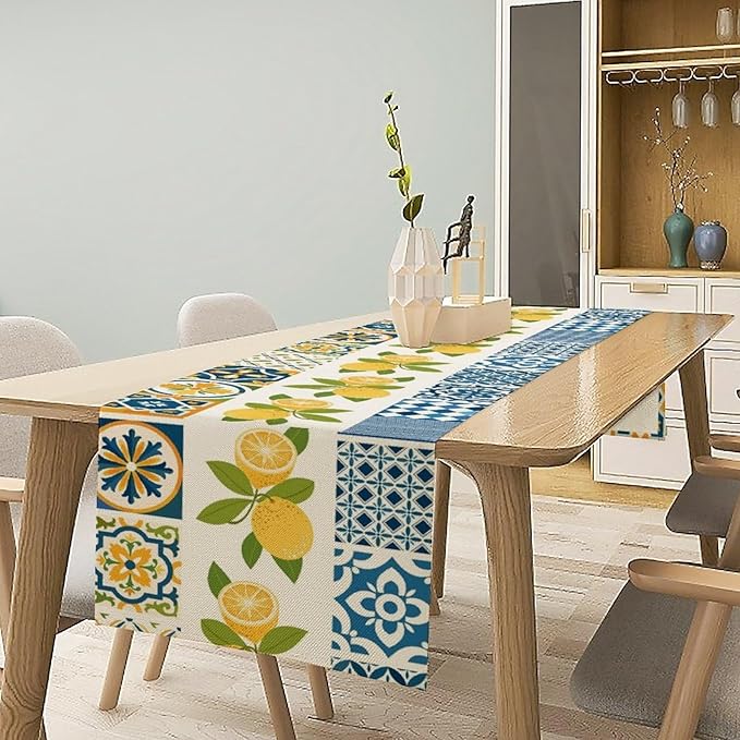 Lemon Table Runner,Watercolor Blue Fruits Green Leaves Print Table Cloth Kitchen Dining Table Home Party Decoration 13x108 Inch