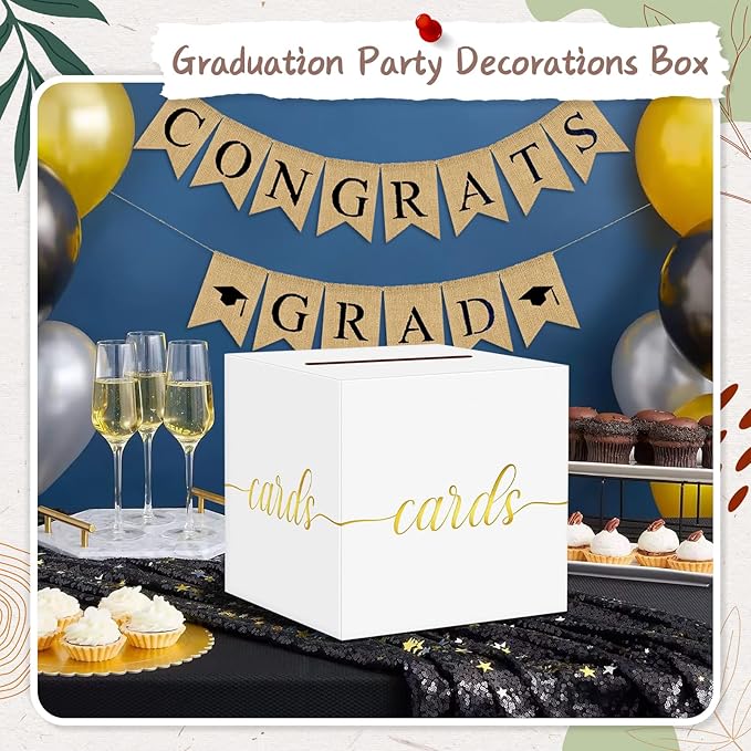 QIKSION White Wedding Card Box, Gold Foil Gift Card Box for Party, Wedding Reception, Birthday, Graduation, Baby Shower, Raffle