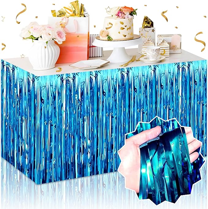 3 Pack Lake Blue Foil Fringe Table Skirts Metallic Tinsel Streamers Garland Banner Backdrop for Table Decor, Parade Float, Birthday, Wedding, Halloween, Christmas Party Decorations(29x108 In)