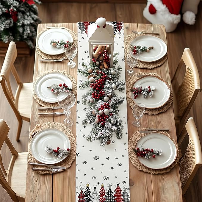 GEEORY Christmas Table Runner 13x90 Inch, Xmas Tees Snowflakes Holiday Decorative Farmhouse Table Decoration for Kitchen Dinning, Indoor Outdoor Dinner Party Decor ((Red & Black) GT165-90