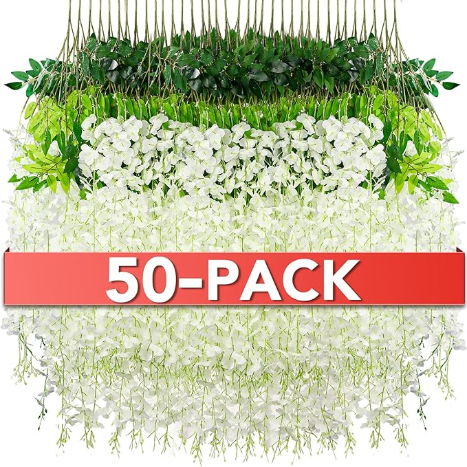 Wisteria Hanging Flowers,Fake Hanging Flowers, Wisteria artificiales Garland for Home Wedding Arch Floral Party Garden Ceremony Outdoor Decor,3.6 feet Long(50,White)