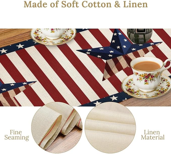 4th of July Table Runner, Patriotic Independence Day American Stars Stripes Flag Print Table Runner for Farmhouse Kitchen Dining Holiday Birthday Party, 13x120inch