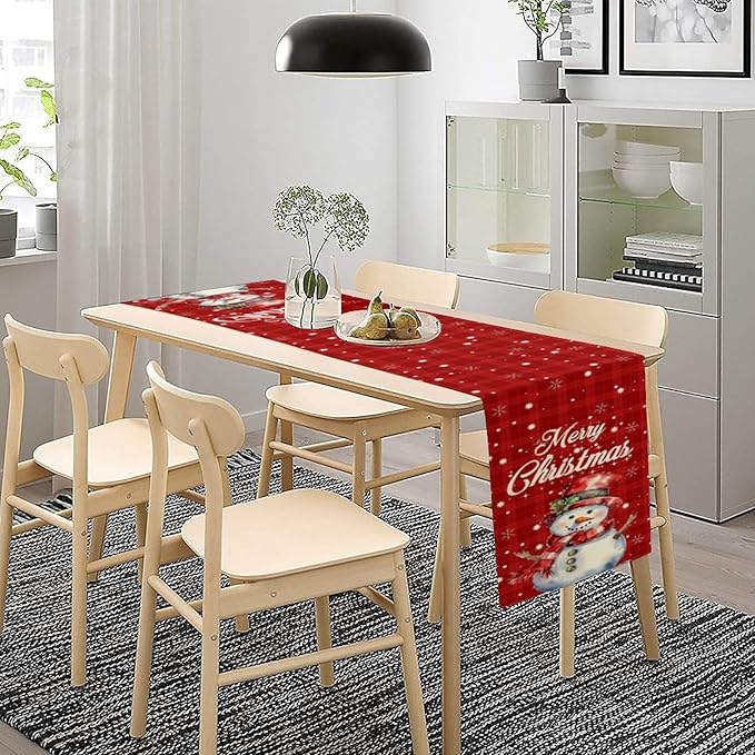 Christmas Table Runner,Christmas Snowman Snowflakes Winter Seasonal Table Cloth Kitchen Dining Table Decoration for Home Party Decor 13x60 Inch