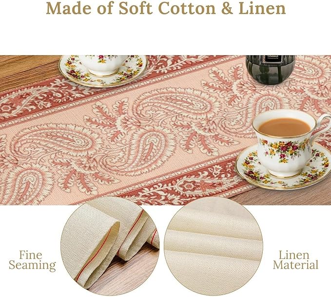 Pink Paisley Table Runner, Abstract Vintage Boho Paisley Flowers Leaves Print Table Runner for Home Kitchen Dining Room Wedding Party Decor, 13x60inch