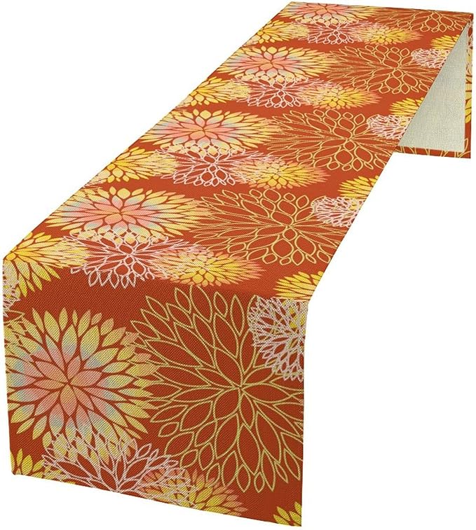 Yellow Floral Table Runner, Chrysanthemum Autumn Spring Summer Vintage Modern Linen Geometric Table Runner for Kitchen Living Room Bedroom Party Holiday, 13x70 Inch