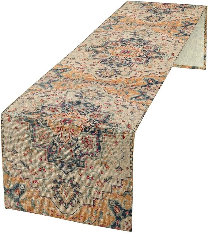 Bohemia Orange Table Runner, Rustic Farmhouse Vintage Geometric Floral Print Table Cover for Home Kitchen Dining Table Party Decor, 13x108inch