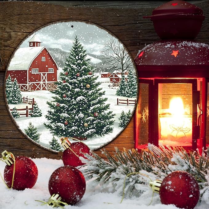 Round Christmas Trees Barn Metal Tin Sign Christmas Vintage Tin Sign for Kitchen Cafe Bar Farmhouse Home Wall Decor Art Winter Decoration 12 * 12 in