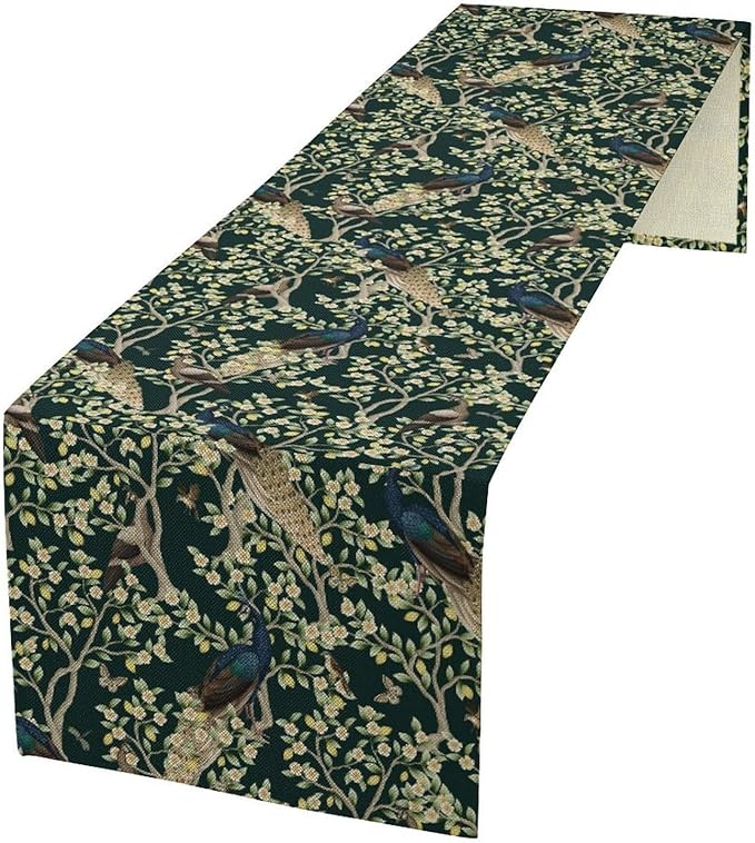 Peacock Table Runner,Retro Floral Plants Peacock Table Runner for Home Kitchen Dining Party Indoor Outdoor Decoration 13x70 Inch