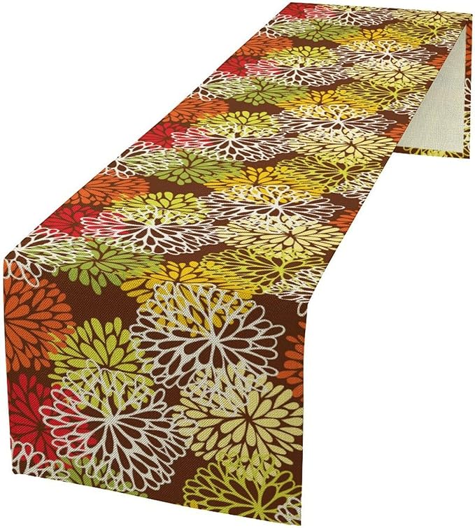 Brown Dahlia Floral Table Runner, Seasonal Autumn Thanksgiving Pattern Print for Home Kitchen Table Decor Dining Coffee Room Party Decor 13x70 Inch