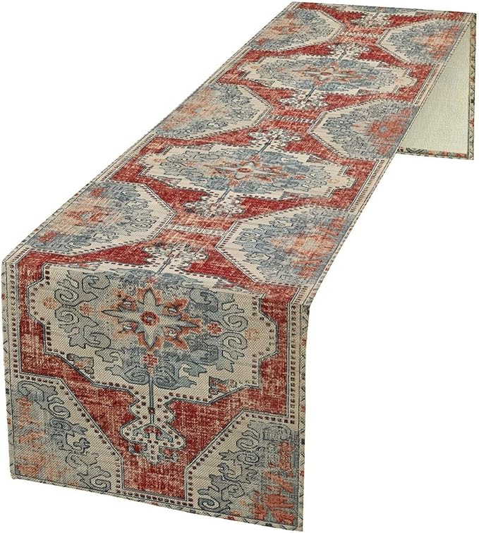 Boho Floral Vintage Table Runner, Retro Blue Red Flower Rustic Country Farmhouse Abstract Pattern for Home Kitchen Table Decor Dining Coffee Room Party Decor 13x36in