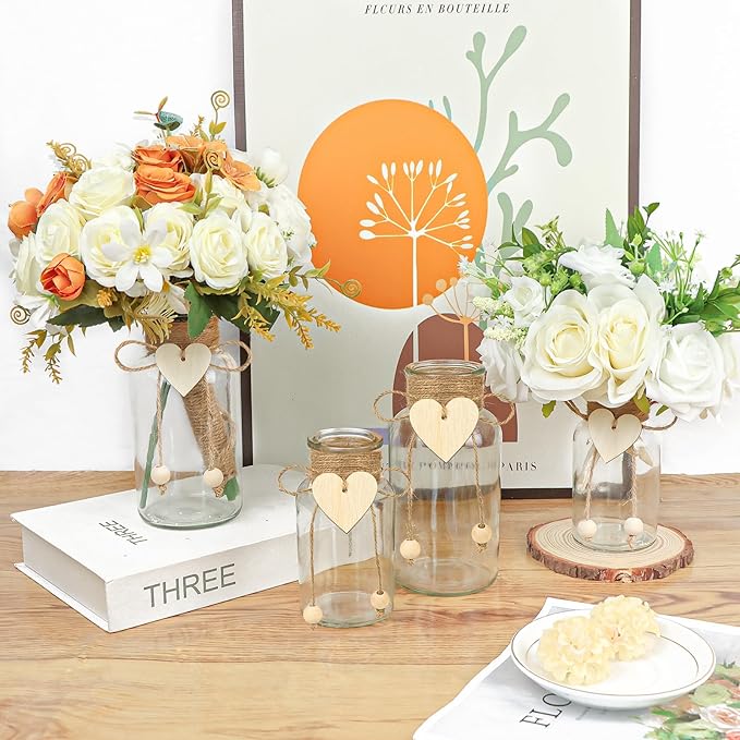 Vintage Glass Vases for Flowers, Set of 6 Mason Jar Vase Table Centerpieces for Farmhouse Room Decor, Wedding, Bridal Shower Bud Vase Set (Small)