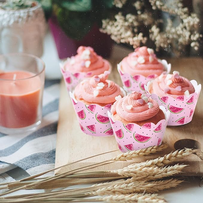 Whaline 36Pcs Watermelon Cupcake Wrappers Watercolor Pink Watermelon Cupcake Liners Decorative Cupcake Holders for Birthday Baby Shower Summer Dessert Decor
