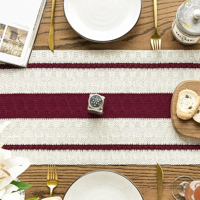Artoid Mode Red Farmhouse Woven Rustic Table Runner, Seasonal Holiday Hollow Kitchen Dining Table Decoration for Home Party Decor 12x60 Inch