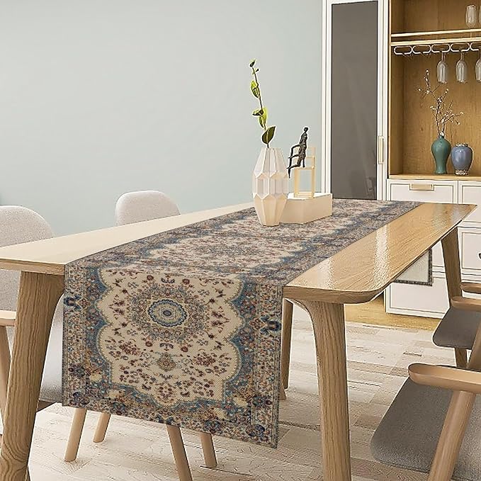 Boho Bohemia Style Table Runner, Vintage Blue Teal Gold Retro Flower Rustic Country Style Floral Print Pattern for Home Kitchen Table Decor Dining Coffee Room Garden Party Decor 13x90in