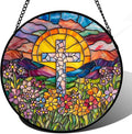 Stained Glass Window Hanging - Cross Flower Sea Sun Catcher for Door Terrace Garden Home Decor, Mountains Landscape Suncatcher Birthday Gifts for Lovers Women Men Dad Mom Nana 6.3 in