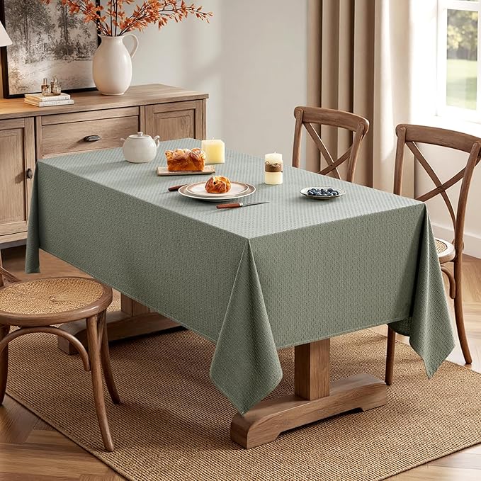 MIULEE Olive Green Linen Cottton Table Cloth Rectangle Tablecloth Waterproof Spillproof Cross-Star Textured Table Cltoth Decorative Farmhouse Style for Dining Party Weddings 60x84 Inch