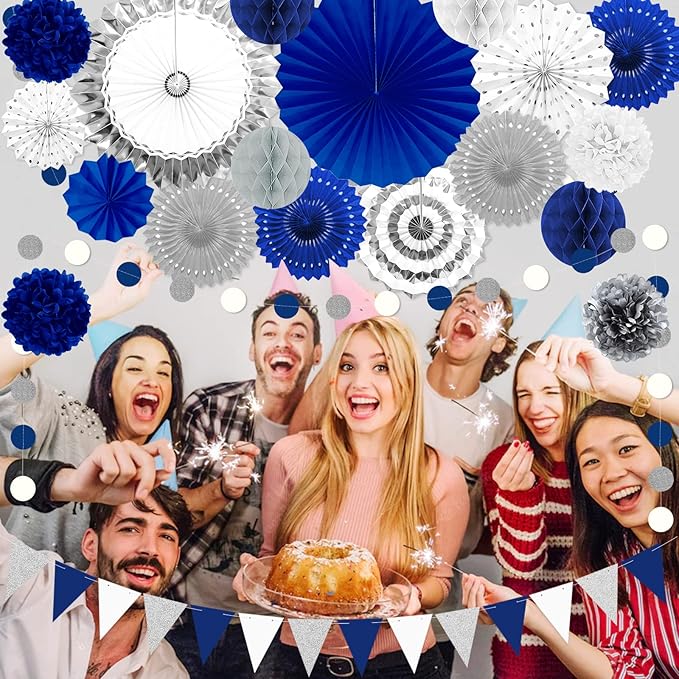 Blue and Sliver Party Decorations, 23Pcs Blue Birthday Decorations with Hanging Paper Fans, Pom Poms Flowers Packs for Graduation Party,Boy Birthday, Baby Shower
