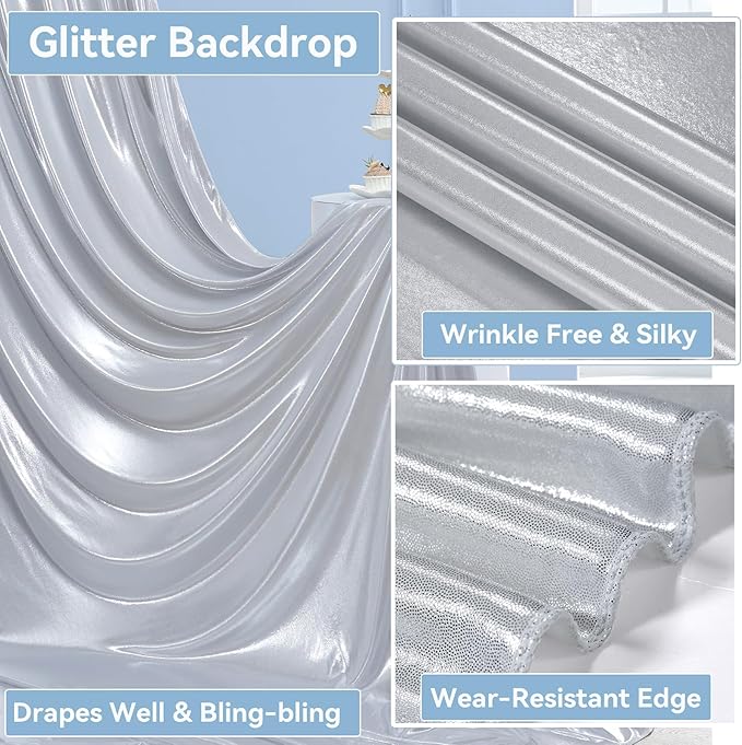 10x10 ft Wrinkle Free Silver Sequin Backdrop Curtain for Parties,Thick Not Fall Glitter Wedding Drapes Backdrop,2 Panels 5x10ft Shimmer Photo Wall Back Drop Cloth for Birthday Photography Background