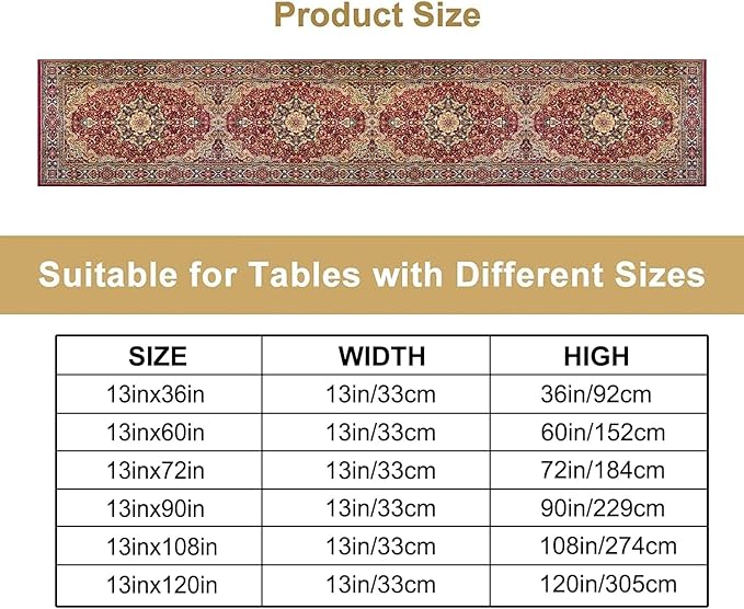 Vintage Boho Floral Table Runner, Rustic Country Farmhouse Red Gold Bohemia Flower Pattern for Home Kitchen Table Decor Dining Coffee Room Party Decor 13x108in