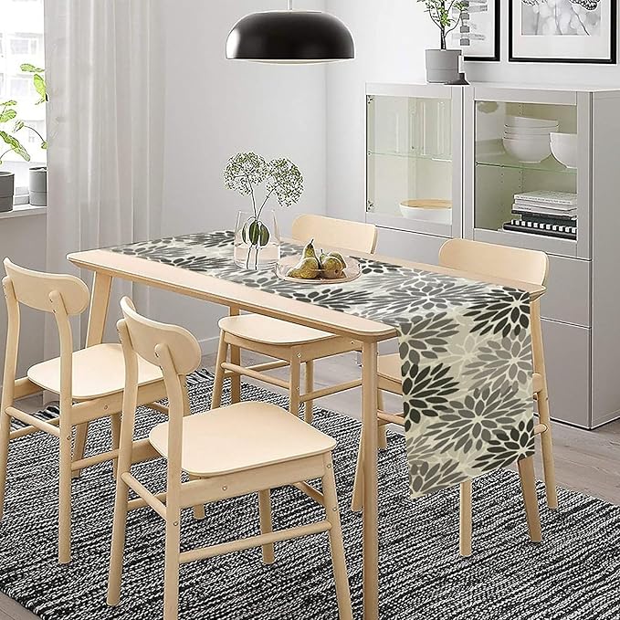 Gray Dahlia Flower Table Runner, Vintage Modern Linen Geometric Pattern Floral Table Runner Spring for Farmhouse Kitchen Dining Party Holiday Party, 13x70 Inch