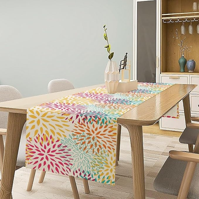 Abstract Flowers Table Runner, Chrysanthemum Dahlia Vintage Modern Colorful Spring Summer Elegant Table Runner for Party Kitchen Dining Living Room Laundry Room Decor, 13x108 Inch