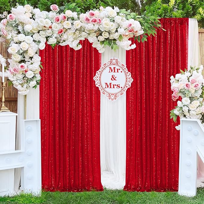 JYFLZQ Red Sequin Backdrop Curtains 2ft x 8ft 4 Panel Glitter Photo Booth Backdrops Sparkly Photography Background Drapes for Parties Wedding Bridal Showers