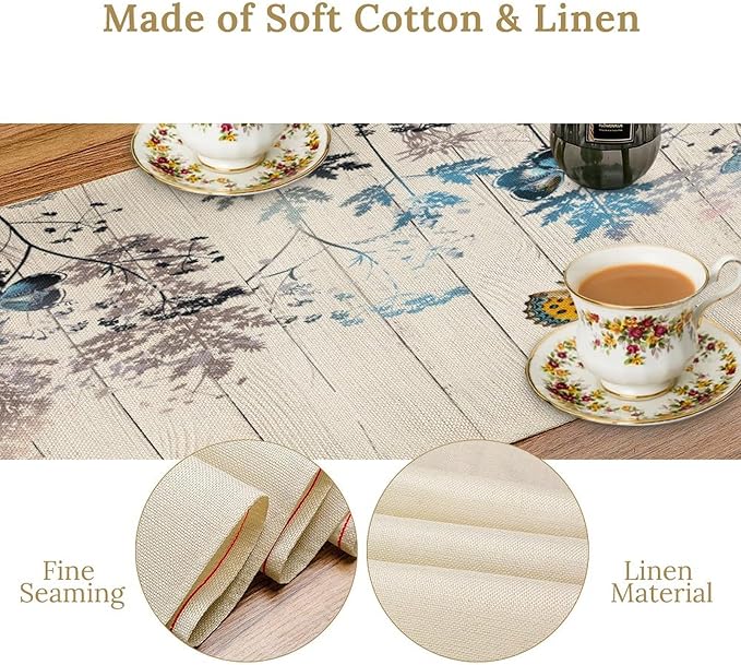 Nature Dandelion Table Runner,Rustic Floral Wood Plank Butterfly Girl Women Pattern Print Burlap Tablecloth for Hotel Indoors Outdoor Dining Room Kitchen Table Decor, 13x80in