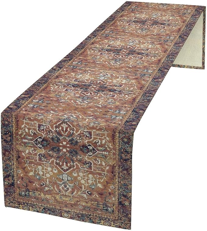 Boho Floral Vintage Table Runner, Purple Brown Retro Flower Rustic Country Farmhouse Abstract Pattern for Home Kitchen Table Decor Dining Coffee Room Party Decor 13x108in