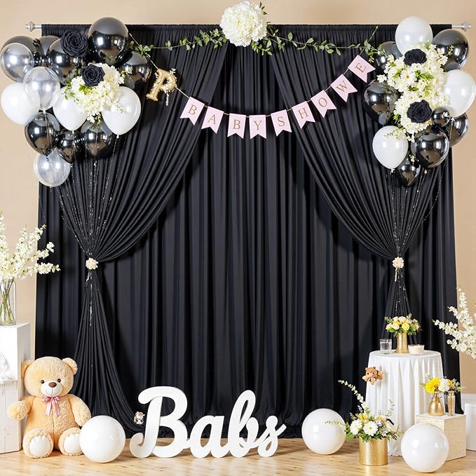 50ftx10ft Wrinkle Free Black Backdrop Curtain for Parties, 10 Panels 5x10ft Silky Photo Backdrop Drapes Back Drop Cloth for Wedding Birthday Photography Background Photoshoot Decor