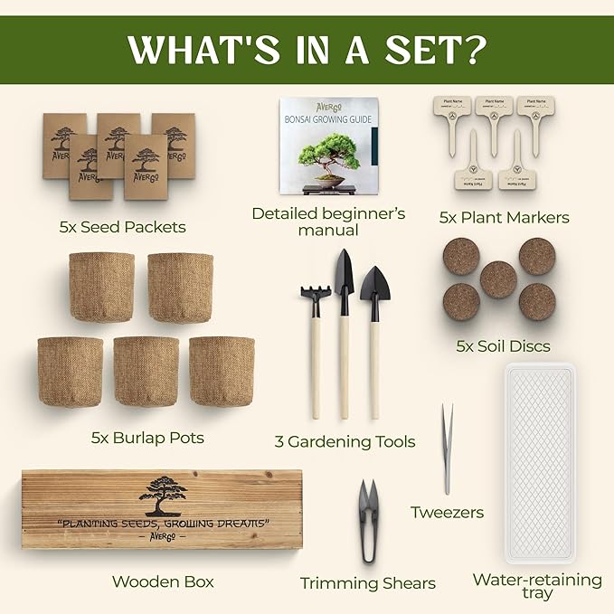 AVERGO Bonsai Tree Kit for Beginners – 5X Unique Japanese Bonzai Trees | Complete Indoor Starter Kit for Growing Plants with Bonsai Seeds, Tools & Planters – Gardening Gifts for Women & Men