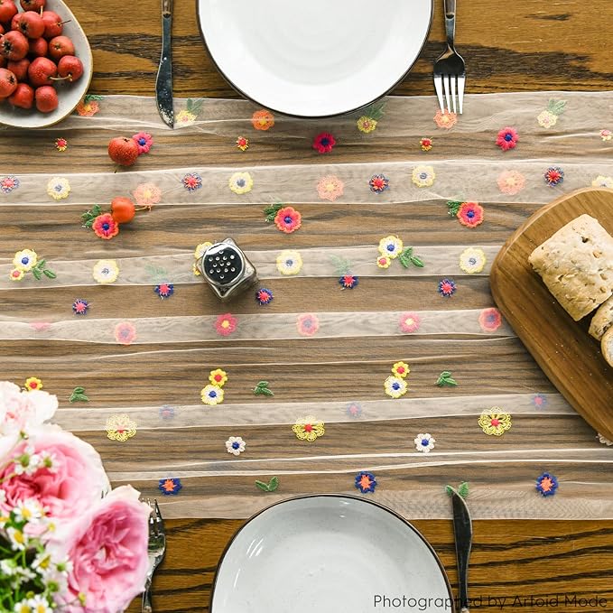 Artoid Mode 3PCS Champagne Embroidery Daisy Gauze Table Runner 120 Inch 10FT, Seasonal Sheer Kitchen Dining Holiday Wedding Birthday Table Decor for Home Party