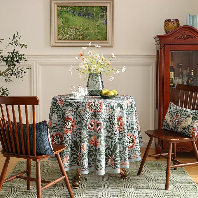 ISAENNE Designer Bohemian Linen Green Round Tablecloth,Floral Indoor Table Cloth,Stain Resistant Decor Tablecloths for Dining Thanksgiving Kitchen Party Christmas,Diameter 67"-Naples