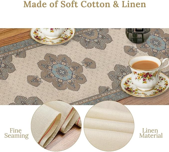 Boho Bohemia Style Table Runner, Vintage Teal Brown Retro Flower Rustic Country Style Floral Print Pattern for Home Kitchen Table Decor Dining Coffee Room Garden Party Decor 13x90in