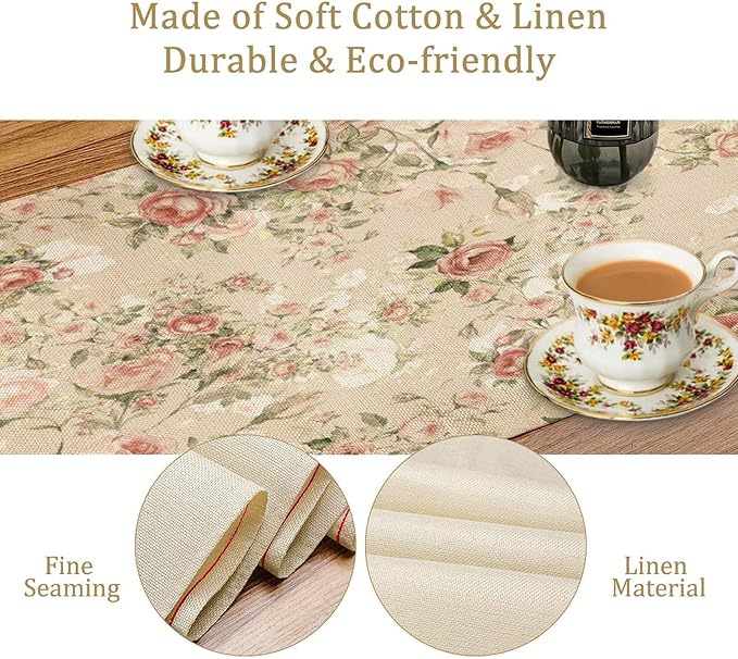 Lovely Rose Table Runner, Red and White Vintage Rose Delicate Floral Natural Pattern Long Table Restaurant Kitchen Holiday Party Decoration,13in（33cm） W * 72in（184cm） L