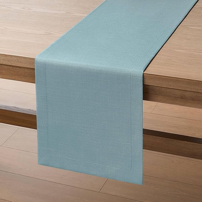 ZeeMart Linen Textured Border Table Runner, 14 x 48 Inch Blue, Farmhouse Style Dusty Blue Table Runners 48 Inches Long, Easy Care Everyday Polyester Table Runner