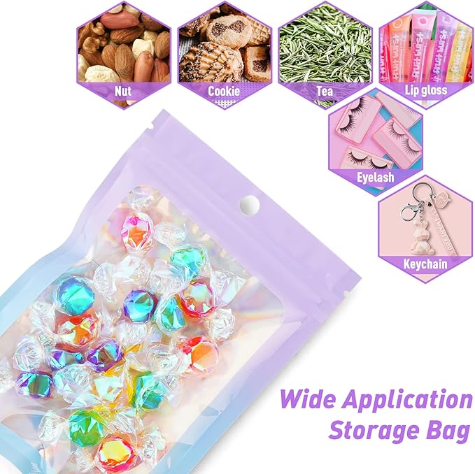 Funfery 100 Pack Holographic Bags,Mylar Resealable Bags with Zipper,Clear Window Packaging Pouch,Plastic Foil Bag for Food Storage,Sample Jewelry Baggies(4×6in,Purple Blue)