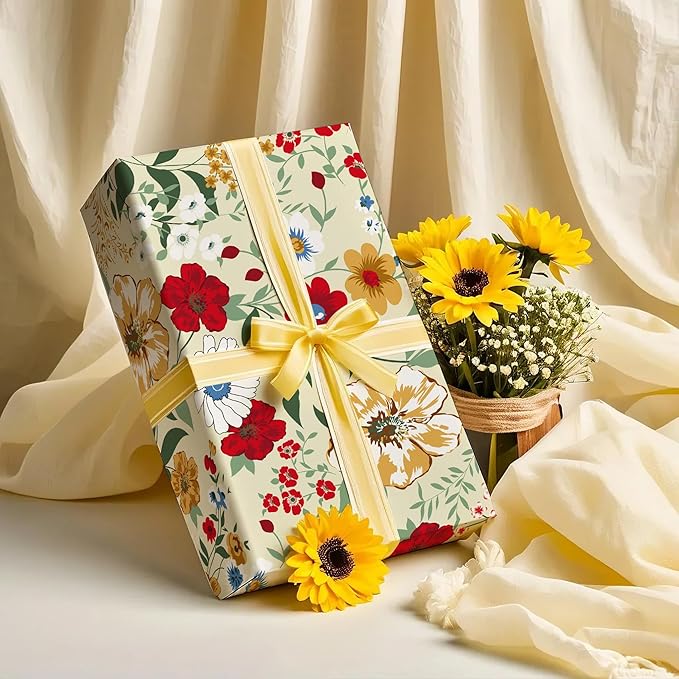 WRAPAHOLIC Floral Wrapping Paper Roll - Mini Roll - 17 Inch x 33 Feet - Wild Flower Wrapping Paper, Perfect for Girls Women Birthday, Wedding, Bridal Shower