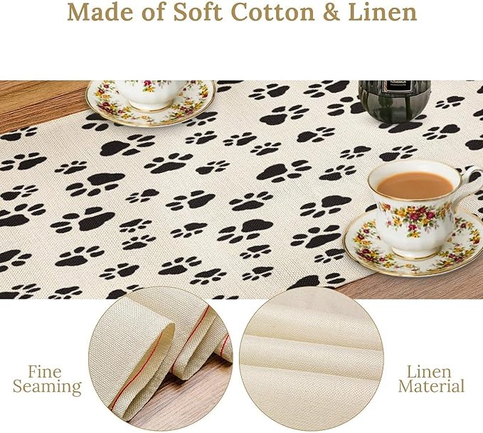 Dog Paws Table Runner,Cartoon Cute Black White Animal Footprints Abstract Tablecloth Burlap for Hotel Indoors Outdoor Dining Room Kitchen Home Decor,W13X L70 in