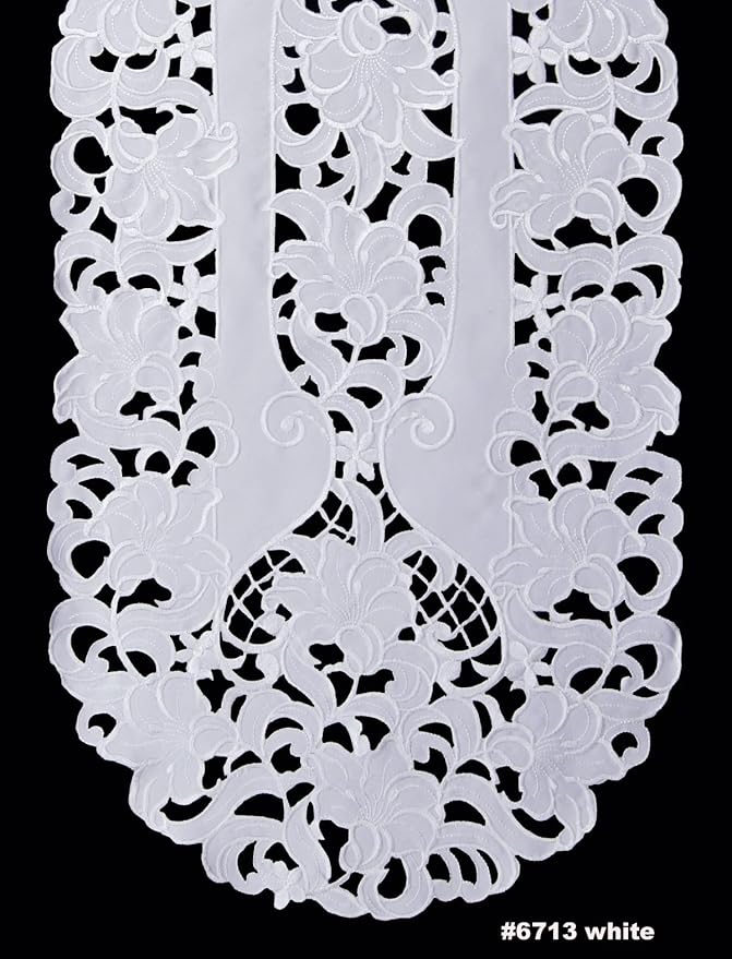 Creative Linens Embroidered Floral Table Runner 15x70 Oval Dresser Scarf White