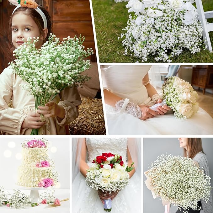 Babys Breath Artificial Flowers, Real Touch Babys Breath Flowers Artificial Bulk for Wedding Decor, White Fake Flowers for Party Home Garden Decor (48, White)
