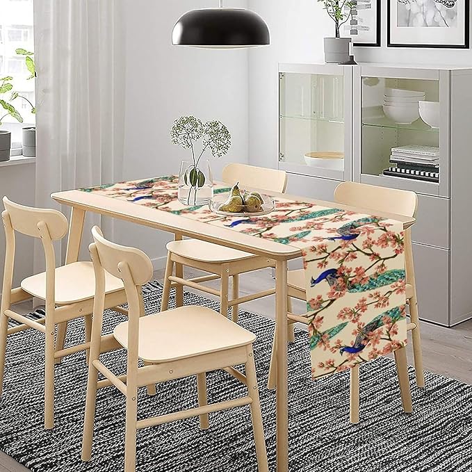 Peacock Table Runner,Spring Floral Peacock Birds Table Runner for Home Kitchen Dining Party Indoor Outdoor Decoration 13x108 Inch