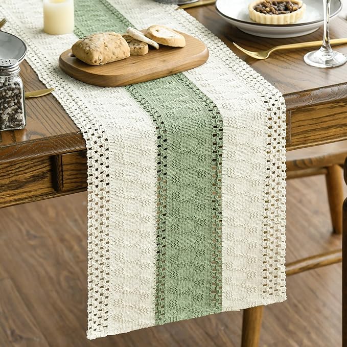 Artoid Mode Light Green Farmhouse Rustic Table Runner, Seasonal Holiday Hollow Kitchen Dining Table Decoration for Home Party Decor 12x108 Inch